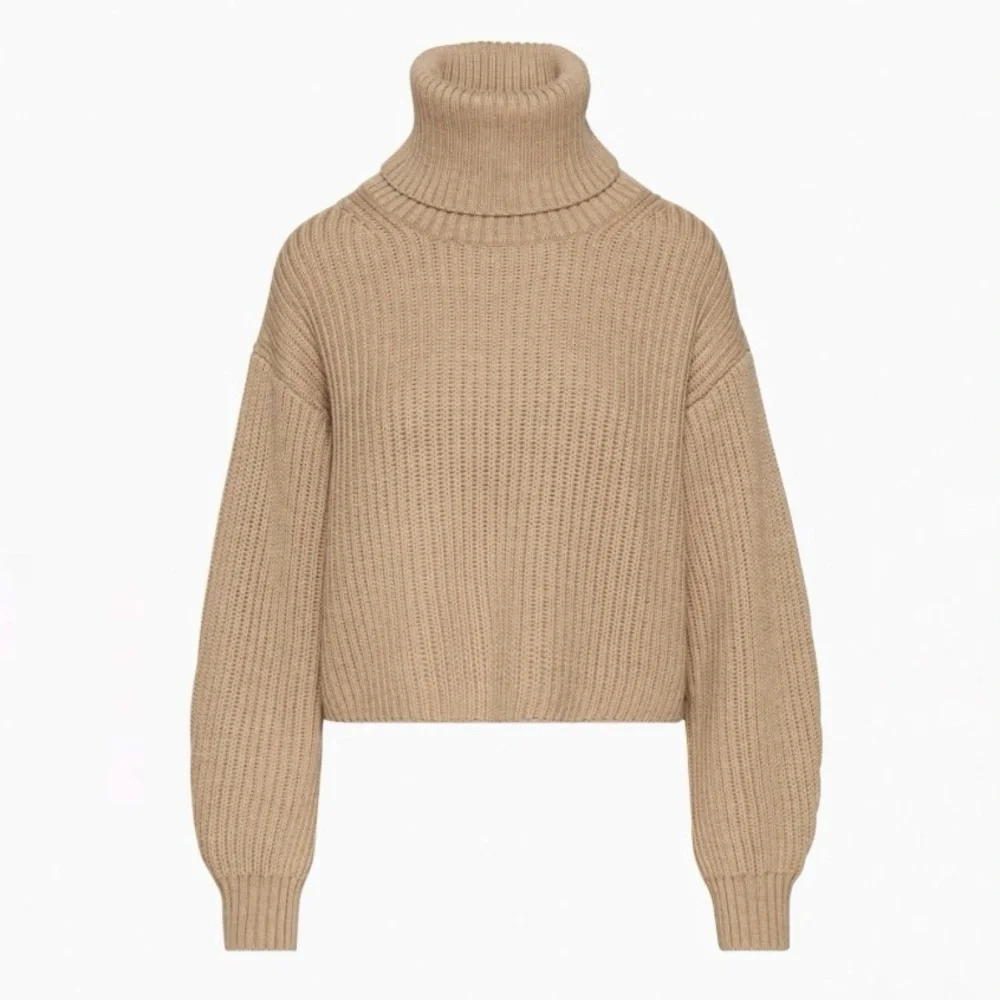 Aritzia Babaton Guell Funnel Neck Sweater Merino Wool Slouchy Turtleneck Camel L